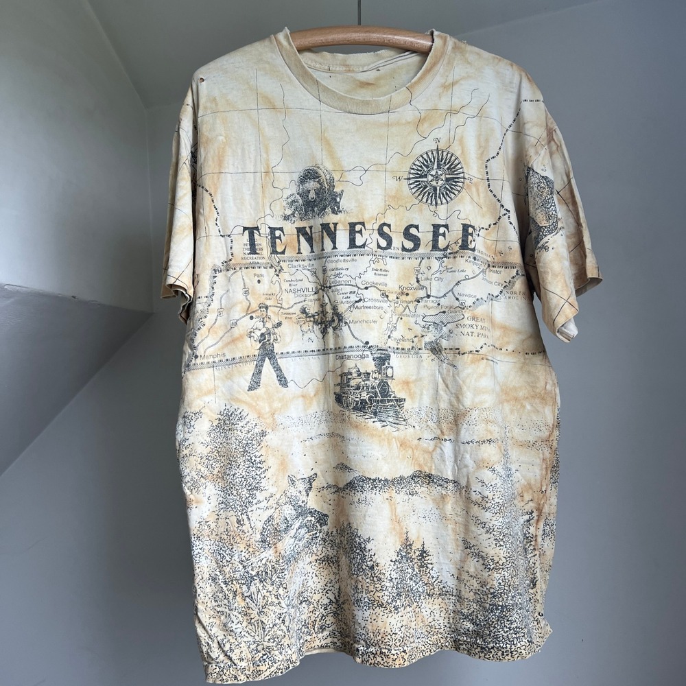 Vintage Tennessee State Map T Shirt XL Tan All Over Print Nature Nashville Elvis